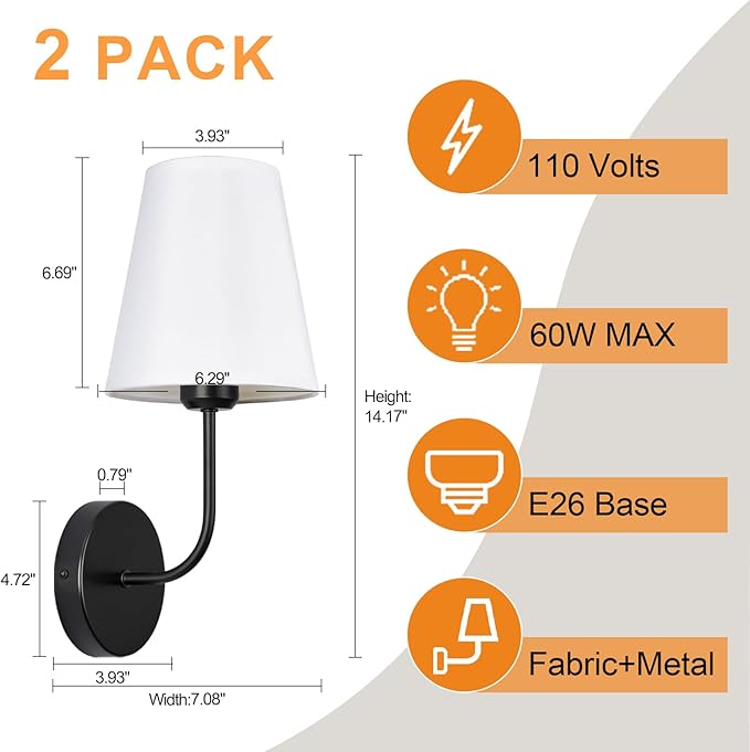 Modern Hardwired Wall Sconce Set of 2 – Matte Black Finish with White Fabric Shades,Farmhouse Bedroom & Living Room Lighting, Hallway, Fireplace, Bathroom