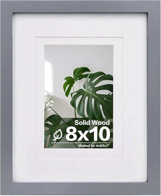 Egofine 8x10 Picture Frame Made of Solid Wood, Covered by Plexiglass for Pictures 4x6 or 5x7 with Mat or 8x10 Without Mat, Table Top Display and Wall Display Photo Frame, Dark Gray