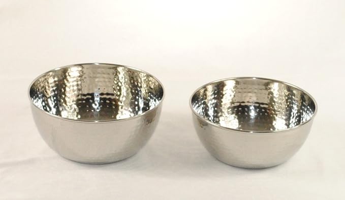 3SCompany Stainless Steel Hand-Hammered Prep and Mix Bowls - Set of 2, 7" and 8" Diameter, Dishwasher Safe, Flat Bottom - 1.5 Quart and 2 Quart Capacity