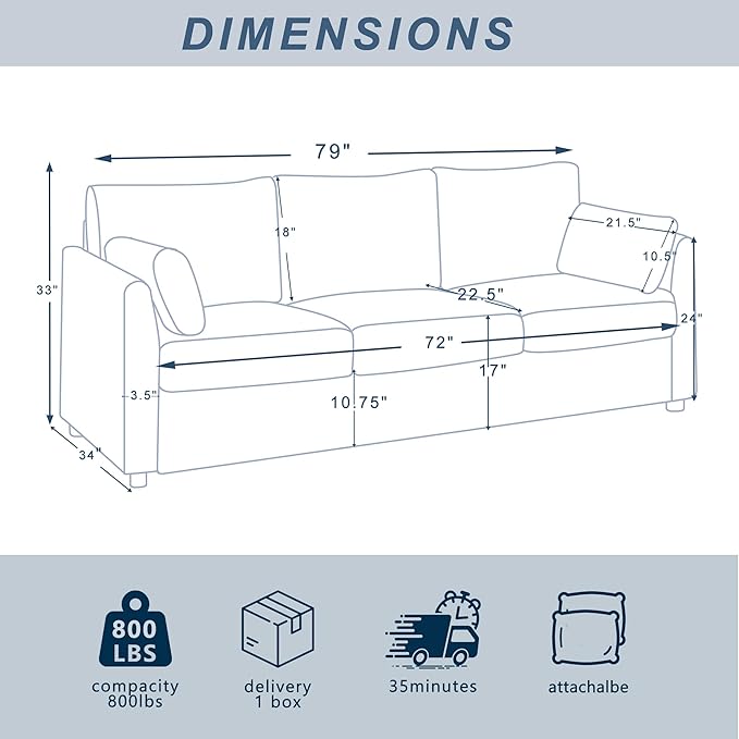 79 inch Sofa for Living Room,Mid Century Modern Couch with Big Pockets, Corduroy Couch with Three Cushions and Solid Wood Frame for Apartment and Small Spaces (Beige, Sofa)