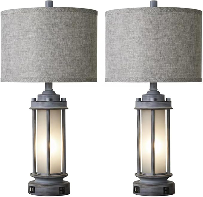 Set of 2 Rustic Table Lamps for Living Room, Farmhouse Vintage Nightstand Lamp with 2 USB Ports, Antique Retro Light Green Glass Night Light for Bedroom Entryway, 4 Bulbs Included