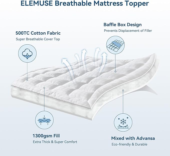 ELEMUSE California King Cooling Mattress Topper, Extra Thick 1300gsm Mattress Pad for Back Pain, Plush 500TC Cotton Pillow Top with Deep Pocket, Overfilled with Mixed Advansa Down Alternative Filling