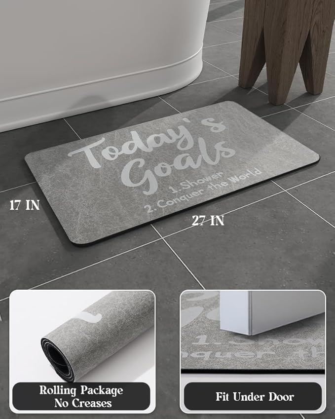 MontVoo -Bath Mat Rug- Non Slip Quick Dry Absorbent Thin Bathroom Rugs Fit Under Door-Faux Suede Surface Bathroom Floor Mats-Shower Rug for in Front of Bathtub Shower 17 X27.5 Grey Text Pattern