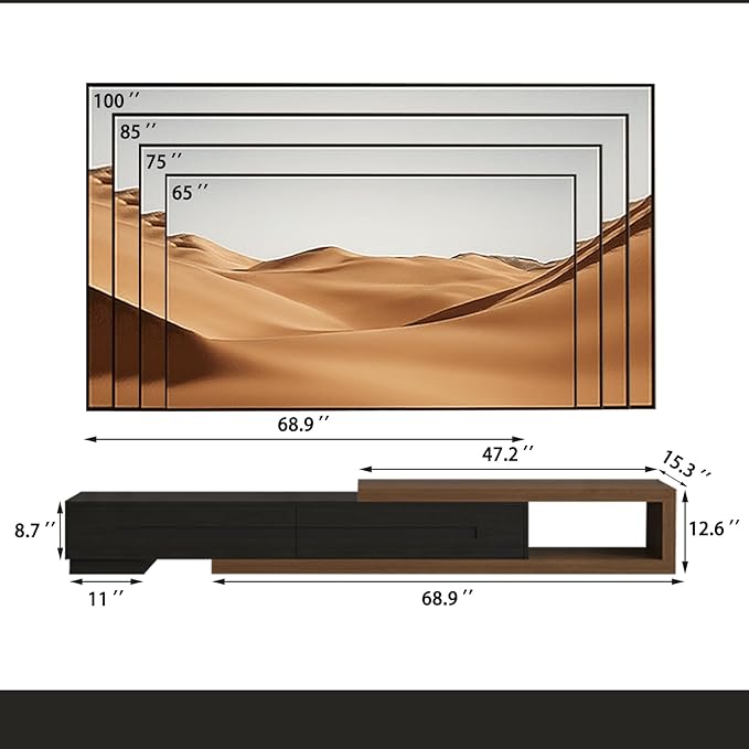 82-115" W Extendable TV Stand for TVs up to 120", Wood Modern Entertainment Center with 2 Large Drawers, Media Console Table for Living Room, Black