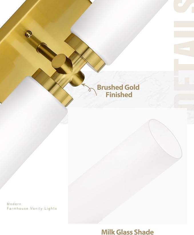 Emak 21 Inch Brushed Gold Bathroom Light Fixtures, 2-Light Vanity Lights with Milk Glass Shade, Modern Wall Sconce for Bathroom, Mirror, VL086-BGD-ML-2