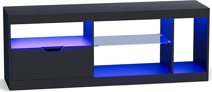 Homall LED TV Stand Mount for 65 inch, Modern Entertainment Center with LED Lights & High Glossy Cabinets, TV Cabinet Console Table with Drawer, Glass Shelves, Dynamic RGB Modes for Living Room, Black