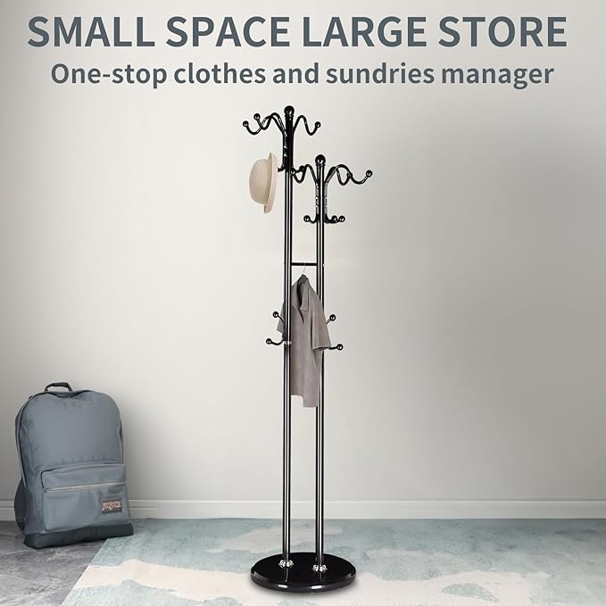 Coat Rack with Natural Marble Base, Metal Modern Coat Racks Freestanding, Coat Rack Stand with 12 Hooks, Coat Tree Hats Hanger Stand for Entryway, Hallway (17 Hooks-Black)