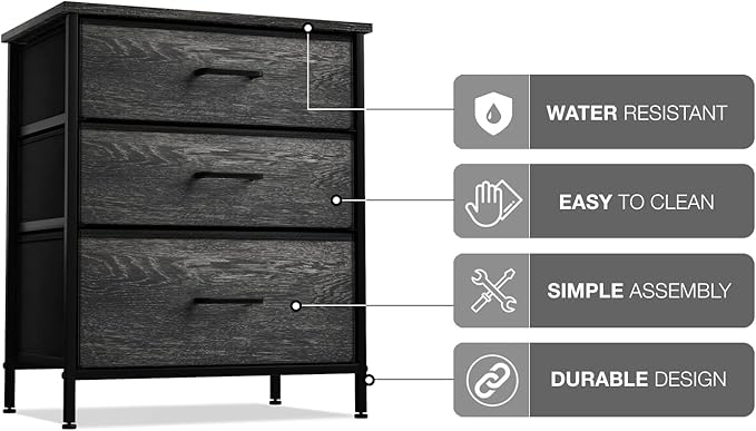 Sorbus Nightstand Dresser with 3 Faux Wood Drawers - Bedside Table Chest with Storage, Steel Frame, Wood Top, Easy Pull Fabric Bins for Bedroom, Living Room, Closet & Dorm Furniture Lamp Stand