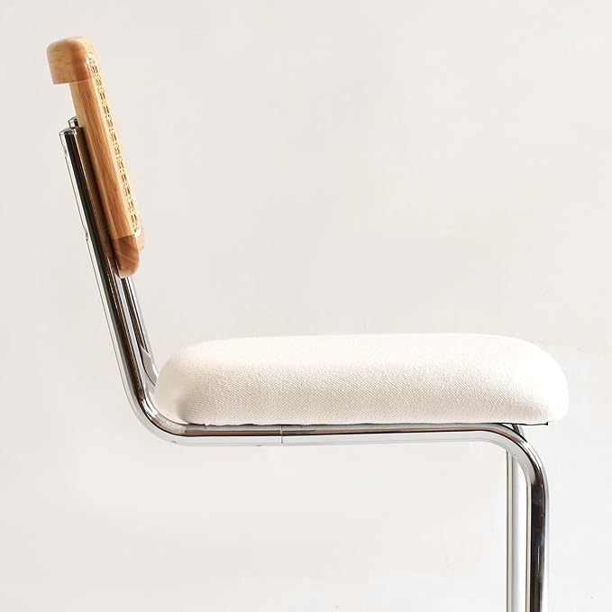 Natural Rattan Counter Height Stools Set of 3 with Solid Wood Back, 29 Inch Mid Century Modern Cesca Bar Stools, White Upholstery Boho Stool for Kitchen Counter with Chrome Metal Legs