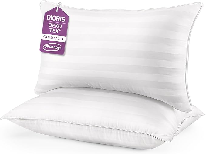 DIORIS Pillows Queen Size Set of 2 - Luxury Hotel Collection Bed Pillows for Sleeping, Supportive Side Sleeper Pillow, Fluffy Down Alternative Microfiber Filled for Back, Stomach Sleepers