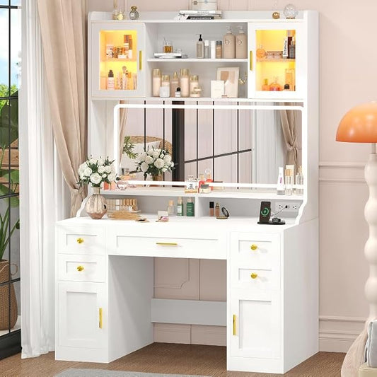 75" Vanity Desk with Mirror and Lights, Makeup Vanity with 5 Drawers & 2 RGB Door, White Vanity with Charging Station, Big Vanity Table with Lighted Mirror, 3 Color Lighting Modes, for Bedroom