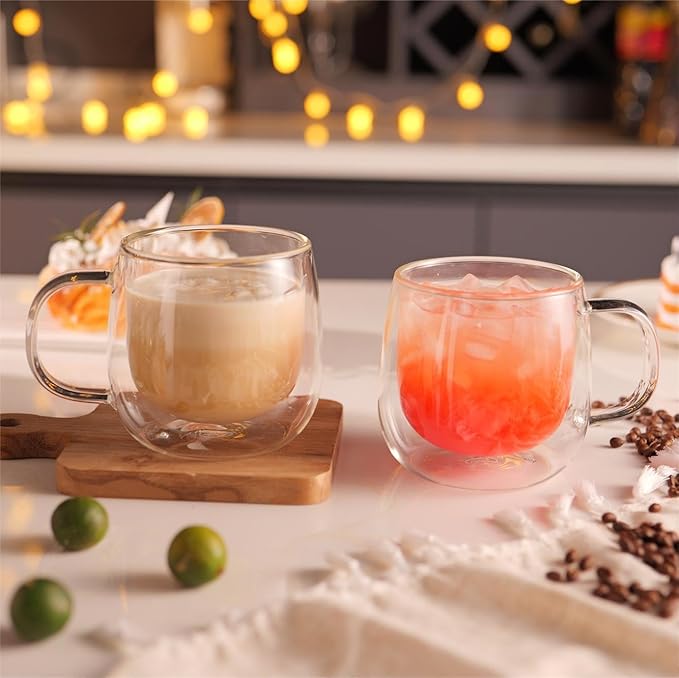 CNGLASS 10oz Double Walled Glass Coffee Mugs(2-pack),Clear Coffee Cups with Handle,Glass Espresso Mugs for Latte,Cappuccino,Tea