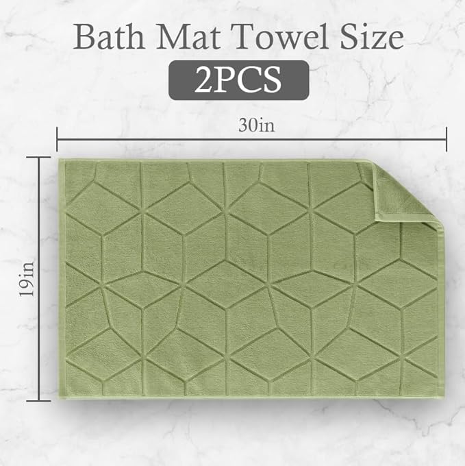 2PC Cotton Bath Mats Set [Not Bath Rug]– Hotel Quality | 1100GSM Thick | 19"x30" |100% Cotton, Soft Terry Cloth Bath Mat for Bathroom Floor, Washable & Absorbent, Green Bathroom Essentials