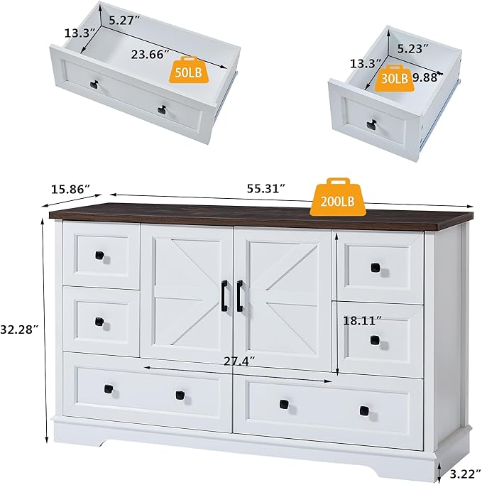 SOOWERY Dresser for Bedroom, Farmhouse Dresser with 6 Wooden Drawers and Storage Cabinet, 55 Inches Wide Chest of Drawers for Bedroom, Living Room, Hallway, White