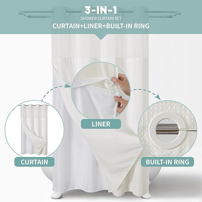Stall Cream No Hook Waffle Weave Shower Curtain with snap-in Liner Replacement, 230GSM Waterproof Fabric Hotel Shower Curtain Set for Bathroom, Through Mesh Top Window,54Wx80H