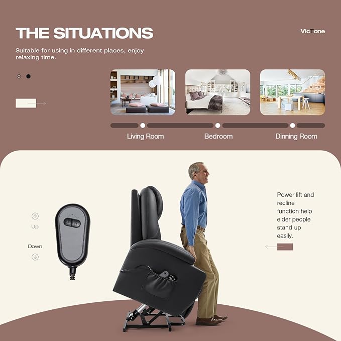 VICTONE Electric Power Lift Recliner Chair for Elderly Reclining Sofa for Living Room with Massage, Side Pockets and Cup Holders (Leather, Black)