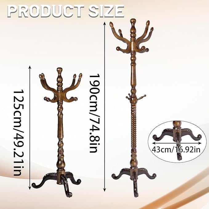 74" Wooden Coat Rack Stand,Coat Racks Freestanding With 14 Hooks And Solid Round Base Heavy Duty Adjustable Height Hall Tree Coat Rack for Entryway Hallway Foyer Office Bedroomf (Triangle Antique)