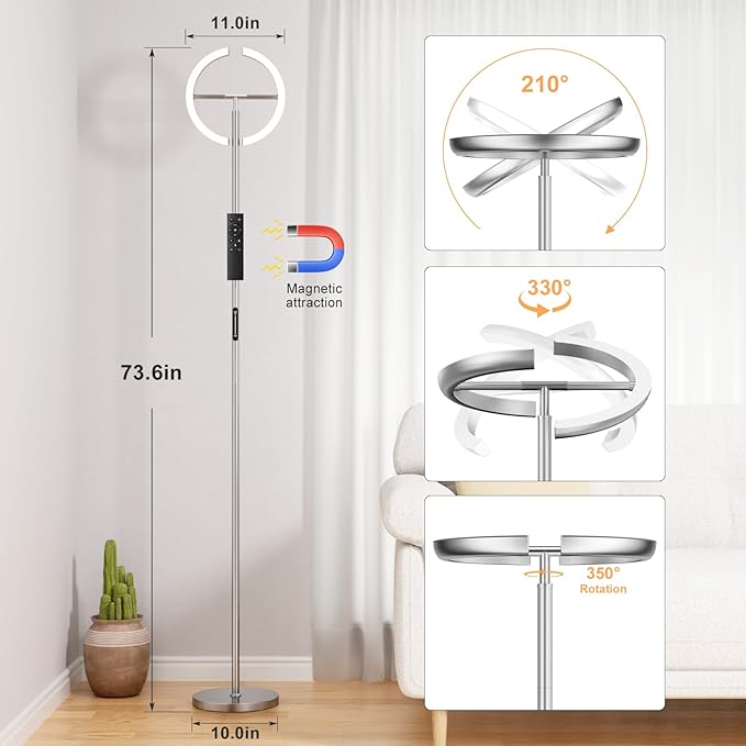 LED Floor Lamp - 70" Tall Modern Standing Lamp with 2 Rotatable Lights, Remote & Touch Control, 24W Bright Stepless Dimmable, Ideal for Living Room Bedroom Office(Silver Grey)