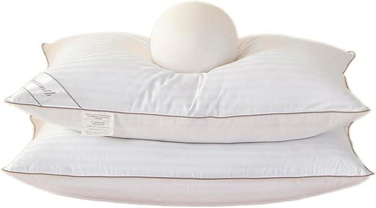 Goose Feather Down Pillow, 100% Cotton Cover Bed Pillow Set of 2 Stripe White Queen (Pack of 2)