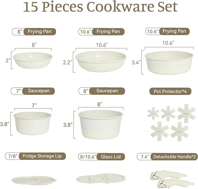 LABOR DAY SALE - Cuisinluv 15-Piece Ceramic Nonstick Pots and Pans Set – Kitchen Cookware with Detachable Handle, RV Camping Cookware Set – Oven & Dishwasher Safe, PFOA-Free – Cream White