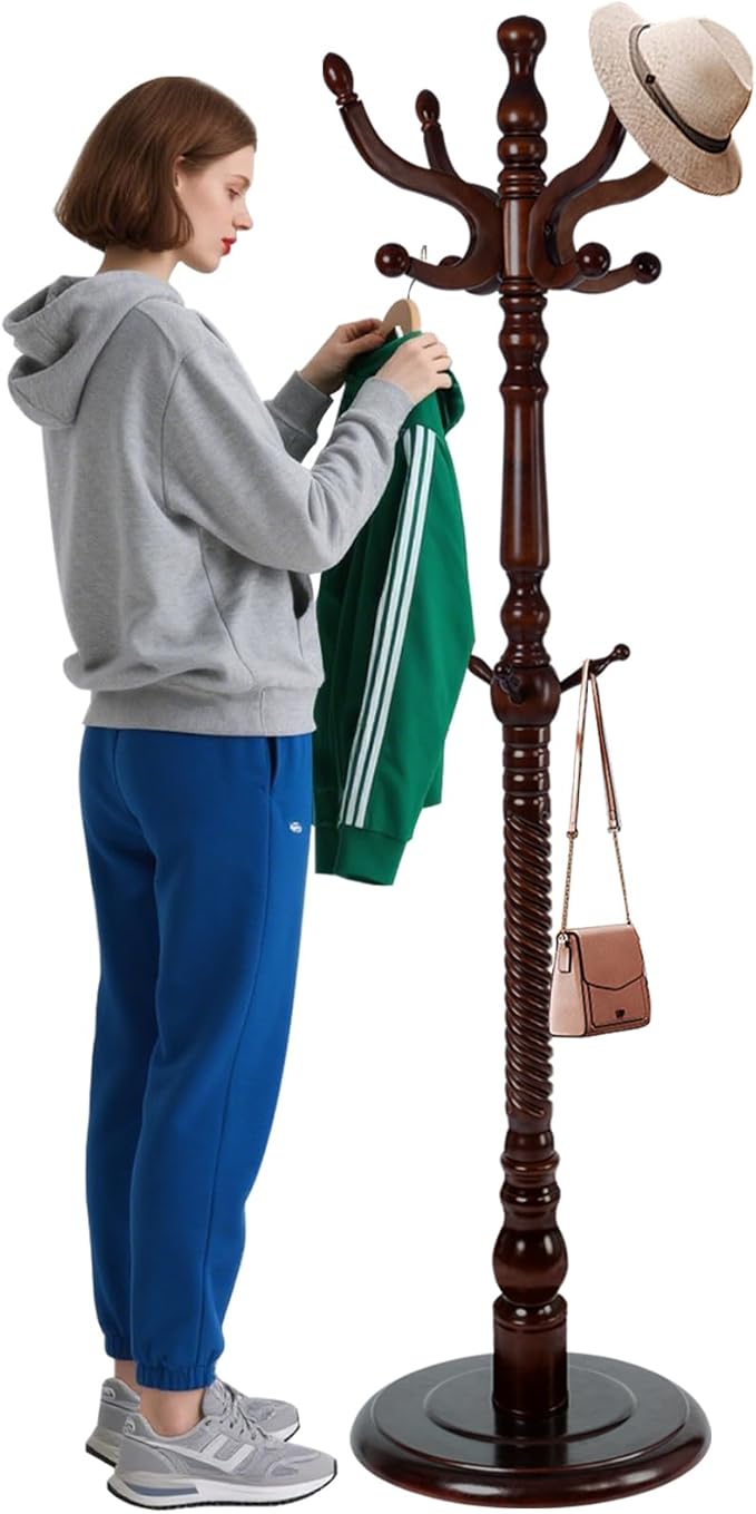 Coat Racks Freestanding, Natural Wood Coat Stands with 11 Hooks, 75" Heavy Duty Adjustable Height Vintage Hall Tree for Entryway, Bedroom, Office, Easy Assembly (Dark Brown)