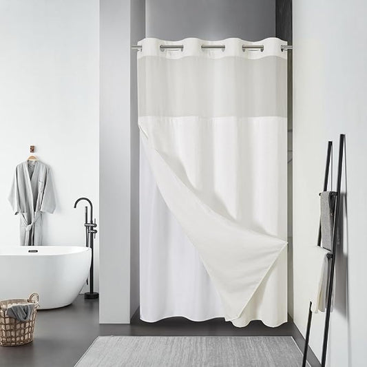 Stall Cream No Hook Waffle Weave Shower Curtain with snap-in Liner Replacement, 230GSM Waterproof Fabric Hotel Shower Curtain Set for Bathroom, Through Mesh Top Window,54Wx80H