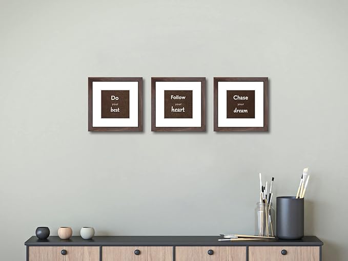 8x8 Picture Frame Set of 3 with Real Glass for Pictures 5x5 with Mat or 8x8 Without Mat, Wall Mounting or Tabletop display Photo Frames in Walnut