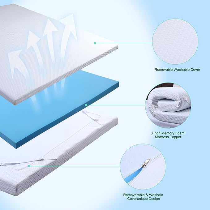 Mattress Topper Full Size, Memory Foam Mattress Topper Full 3 Inch High Density Mattress Pad Comfort Cooling, Bed Topper with Removable Cover, 4 Elastic Straps White, CertiPUR-US Certified