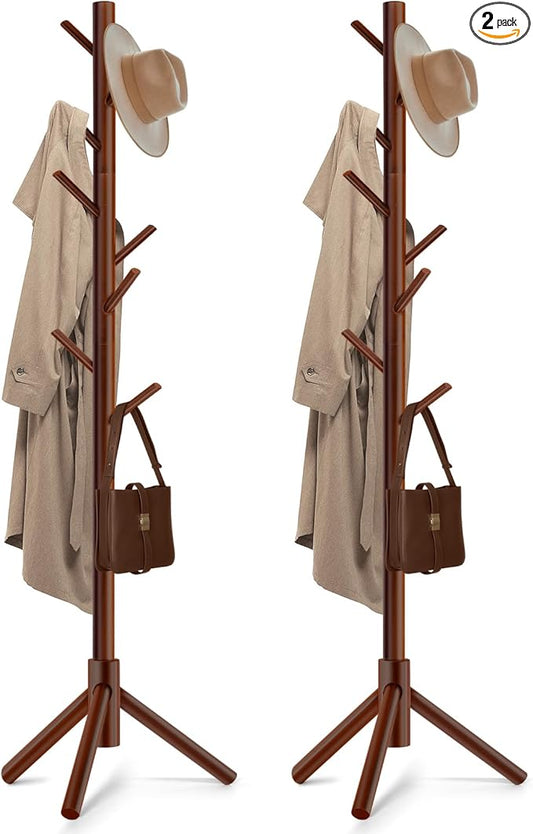 2PCS Solid Wooden Coat Rack Freestanding, New Zealand Pine Coat Tree with 8 Hooks & 3 Adjustable Sizes for Coats, Hats, Handbags and Scarves, Space Saving for Entryway/Office/Bedroom (Brown)