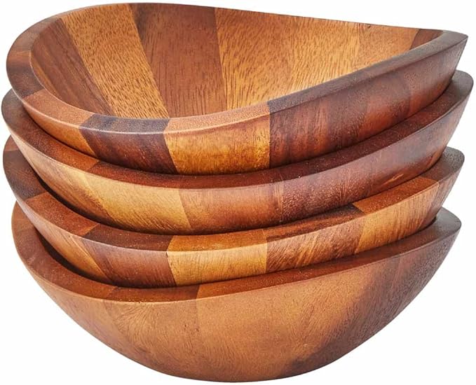 Nambe Braid Salad Bowls, Set of 4 - Designed by Sean O’Hara, Modern Scandinavian Acacia Wood Dining Bowls for Salads & Entertaining - Decorative Tableware for Serving Appetizers, Side Dishes, Snacks