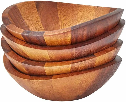 Nambe Braid Salad Bowls, Set of 4 - Designed by Sean O’Hara, Modern Scandinavian Acacia Wood Dining Bowls for Salads & Entertaining - Decorative Tableware for Serving Appetizers, Side Dishes, Snacks