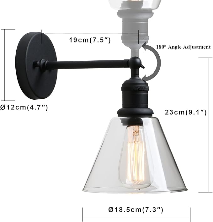 Yosoan Indoor Wall Sconce Fixture Light, 1-Light Modern Single Brass Vintage Industrial Hardwired with Funnel Flared Clear Glass Shade Lamp for Bathroom Sink Porch Kitchen Living Room(Black)