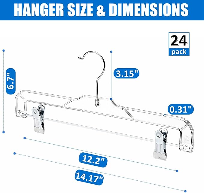 Amber Home 24 Pack Clear Plastic Jeans Pants Skirt Hangers, Bottom Hangers with Adjustable Clips & 360 Swivel Hook, Crystal Clear Plastic Clothes Hangers for Jeans, Pants, Skirts, Short