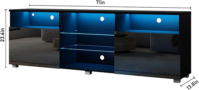 SUSSURRO LED TV Stand for 75/80 inch TV, Television Table Center Media Console with Drawer and Led Lights, High Glossy Modern Entertainment Center for Living Game Room Bedroom, Black