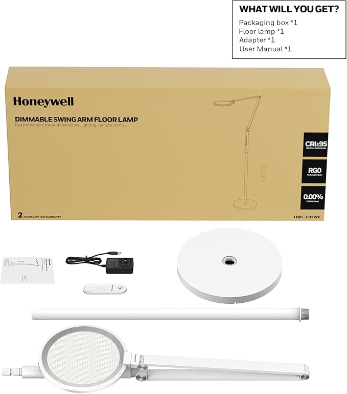 Honeywell LED Floor Lamp - F01WT Sunturalux™ Eye Caring Dimmable Standing Light with Remote,Bright Natural Daylight 5 Colors & 5 Brightness Adjustable Tall Lampara for Home Office Living Room Bedroom