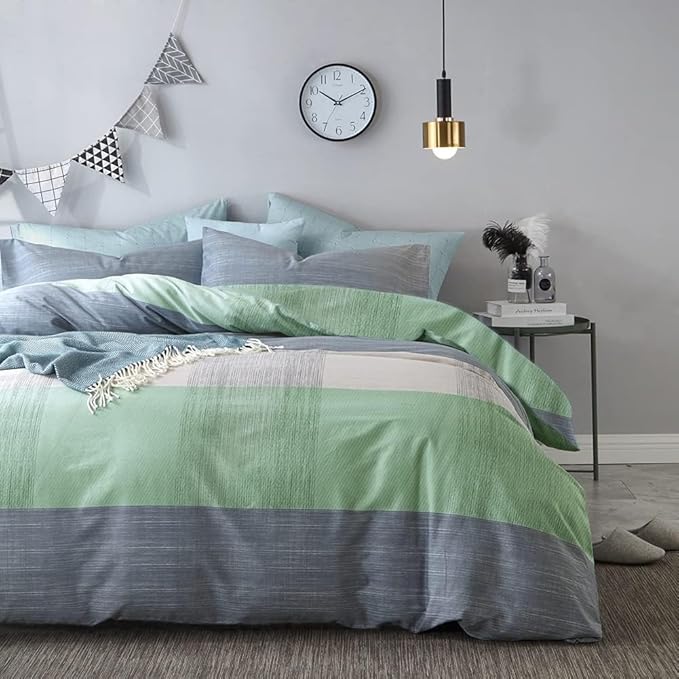 mixinni Simple Patchwork Print Comforter Set King Size Bed Fluffy Blue Mint Green Geometric Pattern Comforter for Boys Women and Men, 1 Modern Comforter and 2 Pillowcases for All Season-King Size