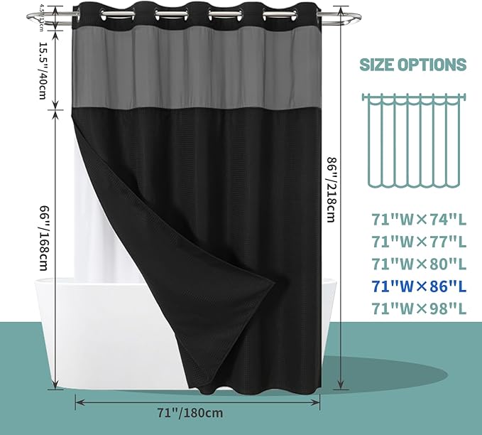Black Extra Long No Hook Waffle Weave Shower Curtain with snap-in Liner Replacement, 230GSM Waterproof Fabric Hotel Shower Curtain Set for Bathroom, Through Mesh Top Window,71Wx86H