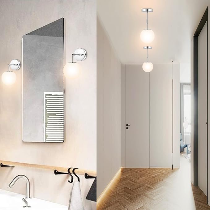 Modern Globe Wall Sconce Industrial Bathroom Vanity Wall Light with White Globe Glass Lampshade Elegant Mid Century Ball Lighting Fixture (Chrome Color)