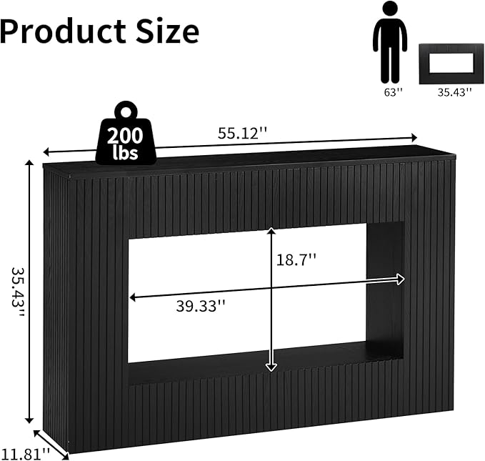 55.12" Wood Console Table for Entryway, Narrow Long Real Wood Fluted Design Sofa Tables Behind Couch Table Entryway Tables with 2-Tier Storage Shelves for Living Room, Hallway, Foyer, Black