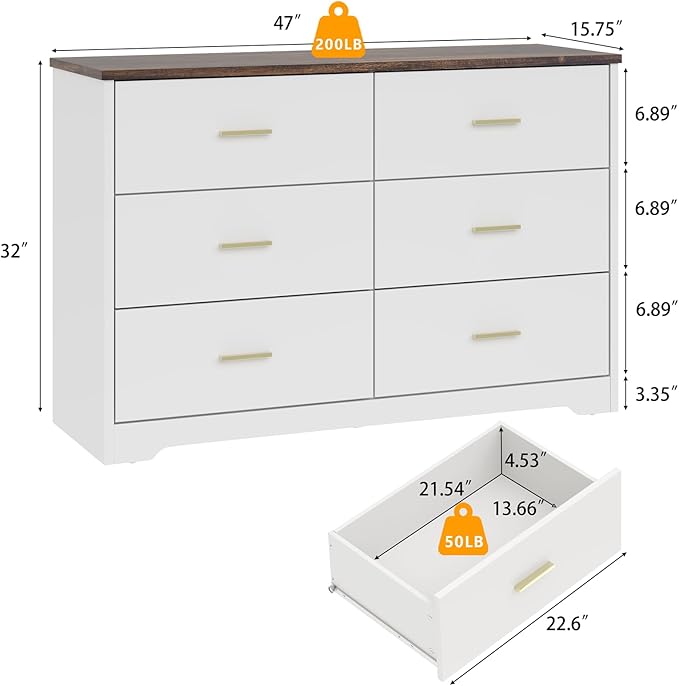 LIDYUK Dresser for Bedroom, Wood Dresser with 6 Drawers, Modern Minimalist Style Dressers & Chests of Drawers, 48 Inches Wide Chest of Drawers for Bedroom, Hallway, Living Room, White