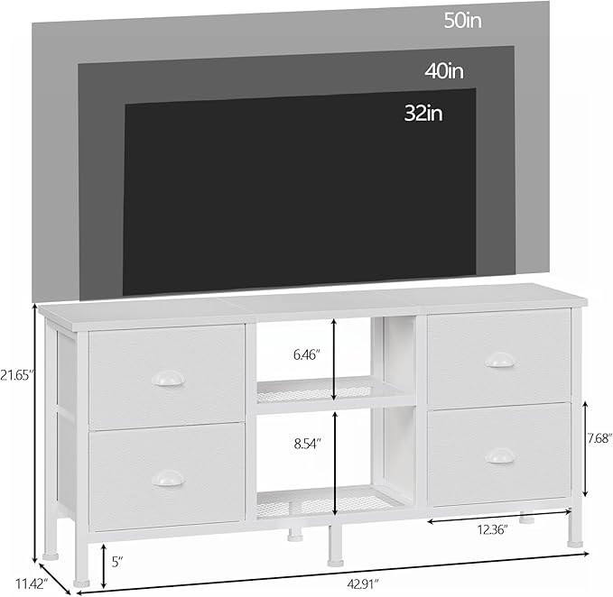 Furologee TV Stand Dresser with 4 Drawers, Entertainment Center with Open Shelf, Small Television Stands for 50" TV, Media Center for Bedroom, Living Room/White