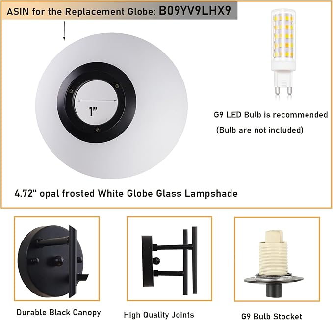 Black Globe Wall Sconces, 2-Light Modern Matte Black Vanity Lights with White Globe Glass Shade, Industrial Farmhouse Wall Lamp for Bedroom, Living Room, Kitchen, Bathroom