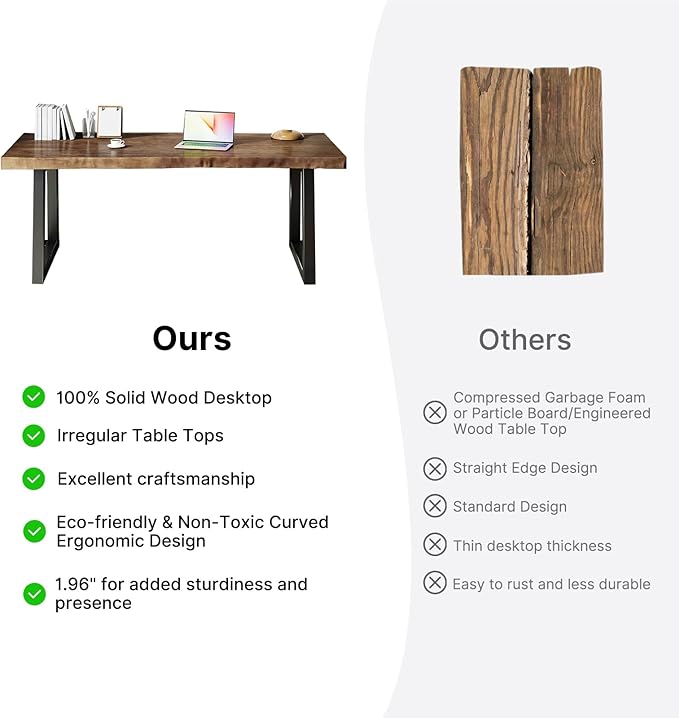 Solid Wood Desk 55 inches, Home Office Computer Desk Wooden Rustic Writing Desk Metal Modern Simple Design Executive Real Wood Desk (Brown)