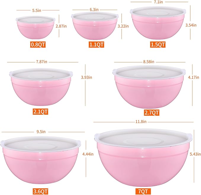 Pink Mixing Bowls with Airtight Lids, Stainless Steel Nesting Mixing Bowls Set of 7, Ideal for Baking, Prepping and Serving Food, Size 7, 3.6, 2.7, 2.1, 1.5, 1.1,0.8 QT, Stackable Design