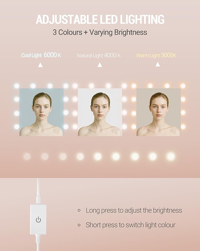 Vanity Desk with Large HD Mirror, Makeup Vanity with Led Lights, Dressing Table with Power Strip, 6 Storage Shelves, 5 Drawers and Side Open Storage, Simple, White