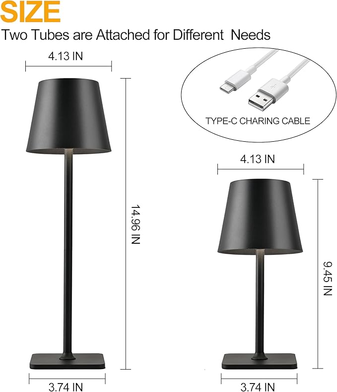 Cordless Table Lamps Rechargeable, Adjustable Height, 5200mAh Battery Operated Lamp, 3 Color Stepless Dimming Up, Outdoor Table Lamps for Dining, Bedroom, Outdoor (2 Pack)