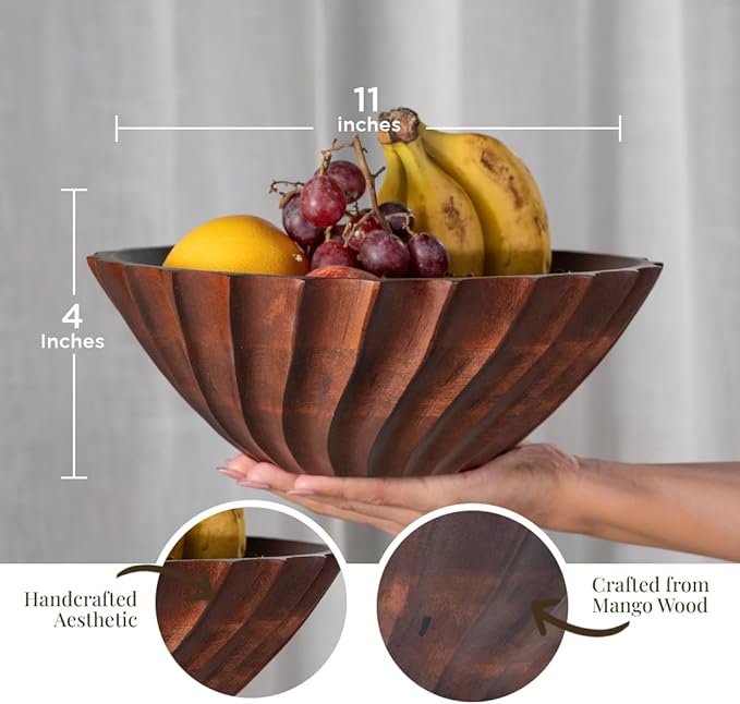 Folkulture Natural Ribbed Salad Bowl | 11” Large Mango Wood Serving Bowl for Salad, Fruit & Pasta | Decorative Wooden Bowl for Kitchen Island, Dining Table & Entertaining