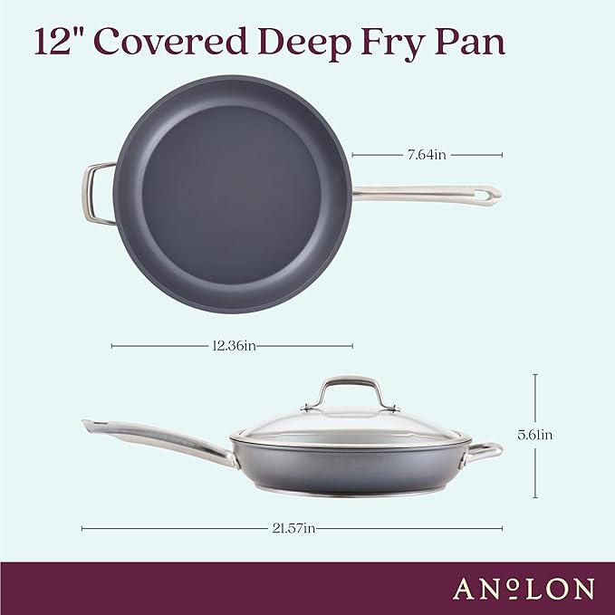 Anolon Accolade Forged Hard Anodized Nonstick Deep Frying Pan / Skillet with Helper Handle and Lid, 12 Inch - Moonstone Gray