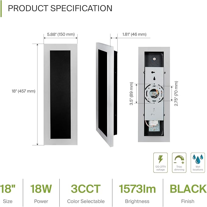ASD LED 18" Long Wall Mount Light Fixture, Outdoor & Indoor Linear Sconce | 3CCT, Dimmable, Waterproof, Anti-Rust, ETL Listed | 18W 1570LM 3000-5000K 100-277V | Exterior Porch Lighting | Black, 2 Pack