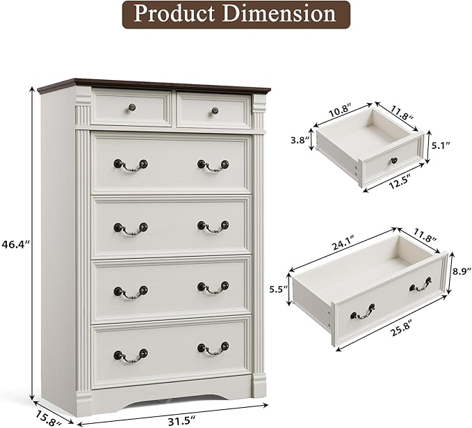 Yaamizz Farmhouse Dresser for Bedroom, 47" Tall 6 Drawer Dresser Storage with Wood Pilasters and Metal Handles, Vintage Design, Drawer Organizer for Bedroom, Hallway, White